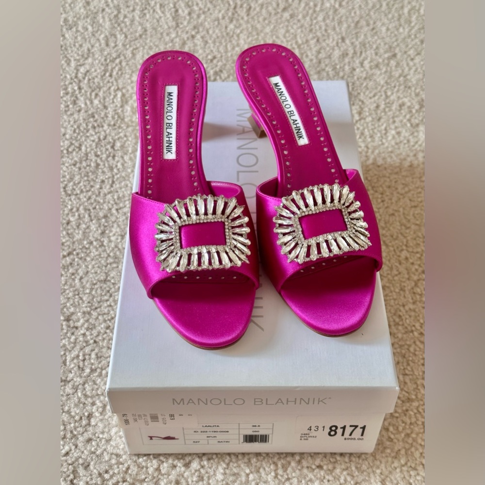New Manolo Blahnik 50mm Laalita Embellished Satin Mules Pink, Size 6 1/2